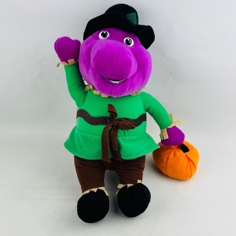 Barney the‎ Dinosaur Halloween Scarecrow Plush Nanco 2009 Purple Green 15"